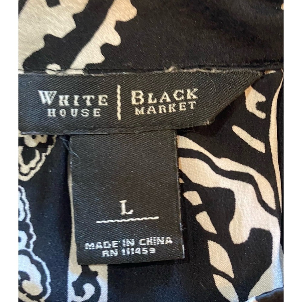 WHBM Tie Shoulder Elastic Waist Black & White 100% Silk Tunic Top Blouse Sz L - Picture 6 of 7